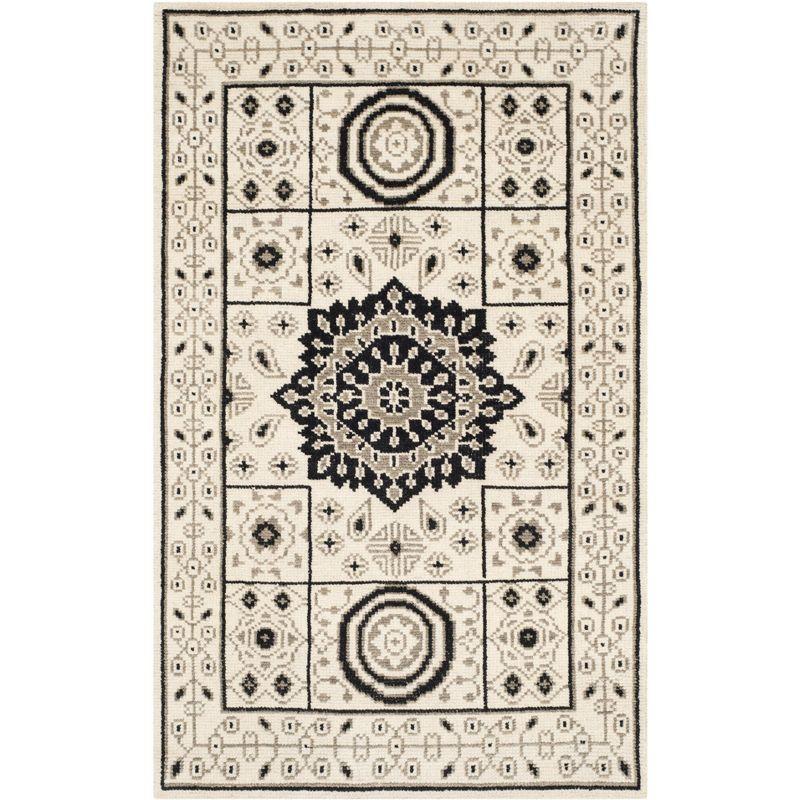 Ivory and Black Hand-Knotted Wool Rectangular Runner