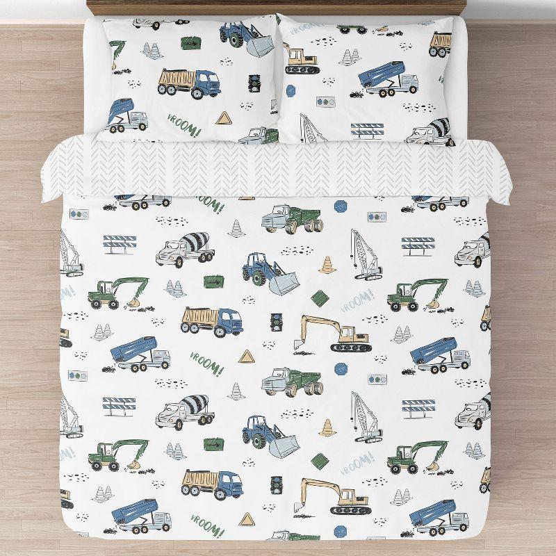 Construction Truck Blue Green Yellow Grey And Black 3 Piece Queen Comforter Set