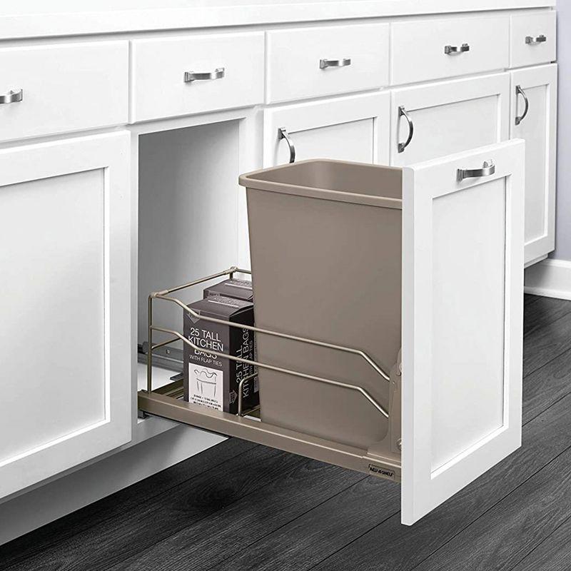 Rev-A-Shelf Pullout Trash Can for Under Kitchen Cabinets 35 Quart  8.75 Gallon with Soft-Close Slides and Rear Storage, Champagne, 53WC-1535SCDM-112