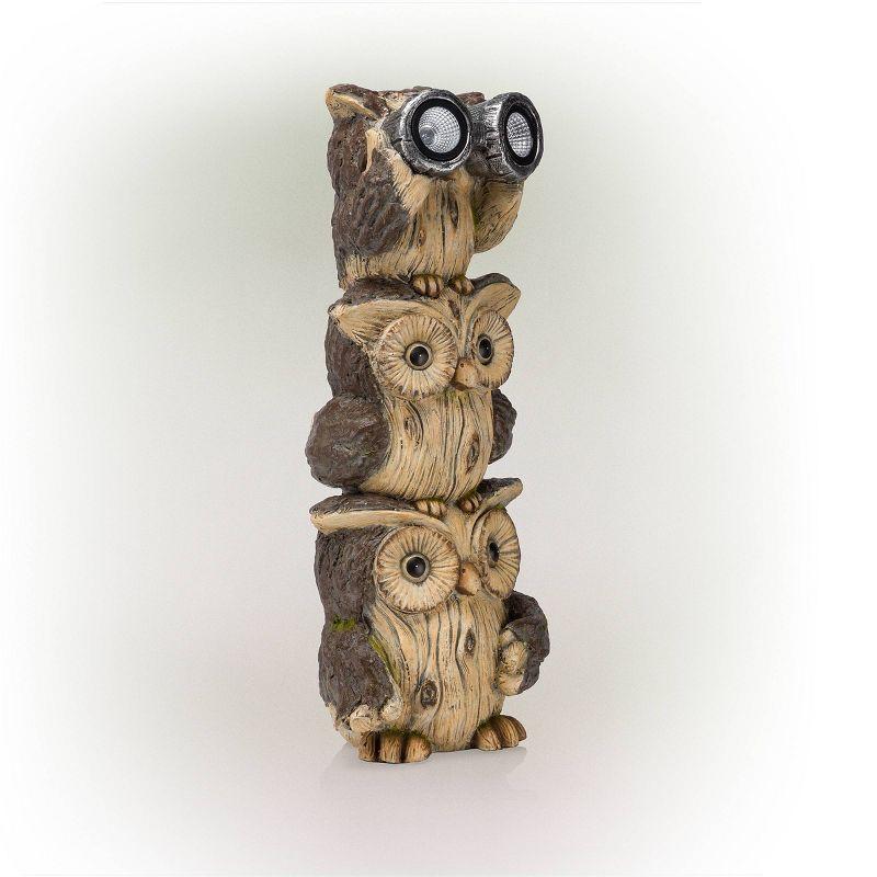 Solar Three Stacked Binocular Owls Polyresin Statue with LED Lights - Alpine Corporation: Garden Decor Sculpture with NiMH Battery