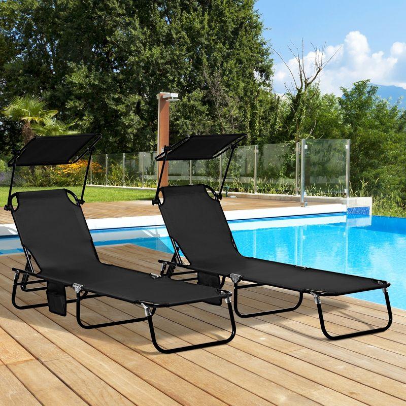 Black Adjustable Folding Chaise Lounge with Cushions and Sunshade