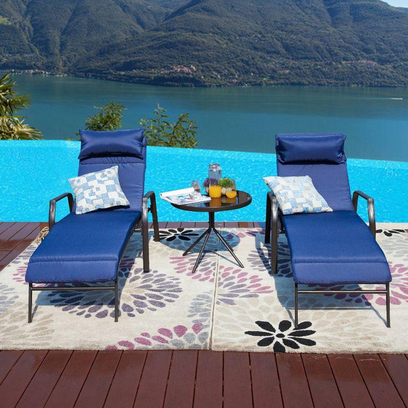 Blue Metal Chaise Lounge Set with Cushions and Table