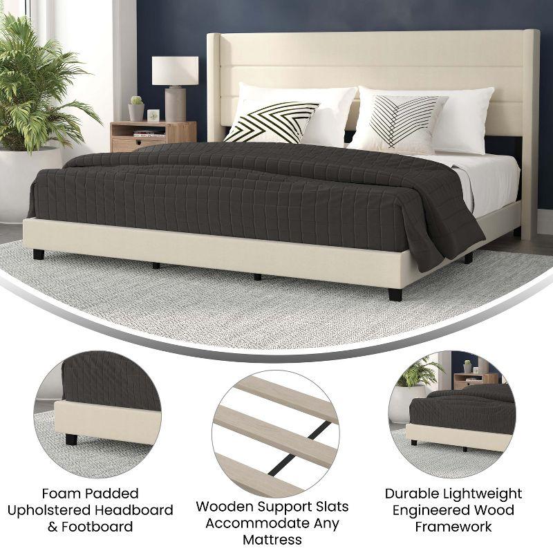 Beige King Upholstered Platform Bed with Linen Headboard