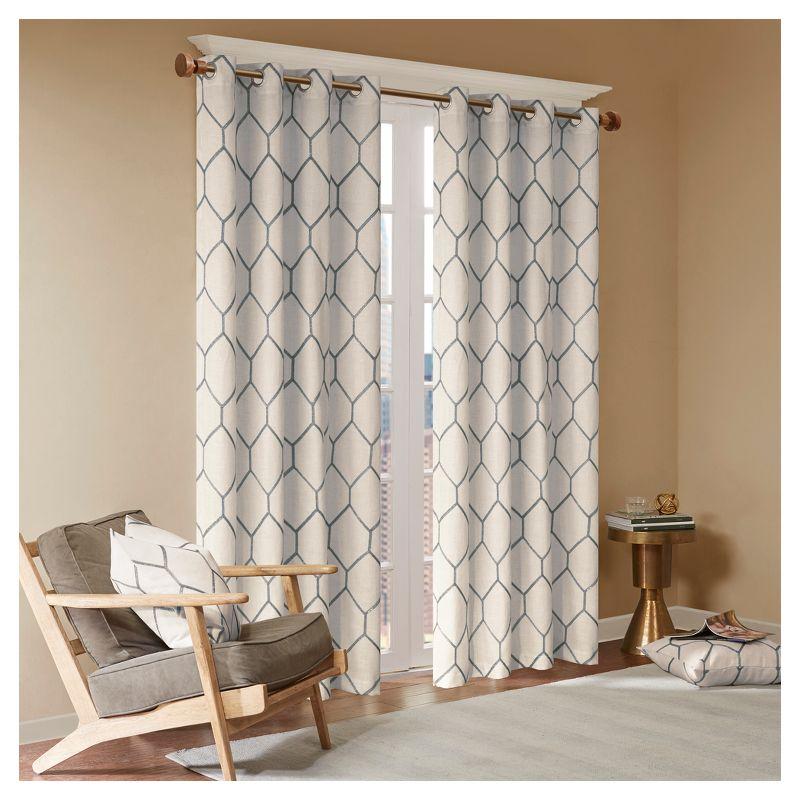 Gray Geometric Embroidered Light-Filtering Curtain Panel