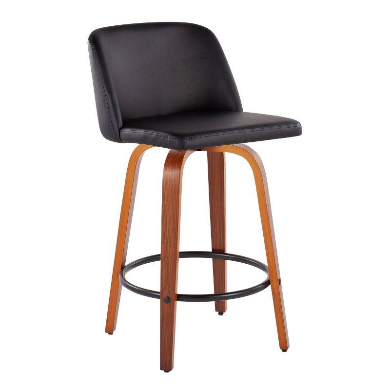 Toriano Swivel Counter Stool in Black Faux Leather with Wood Base