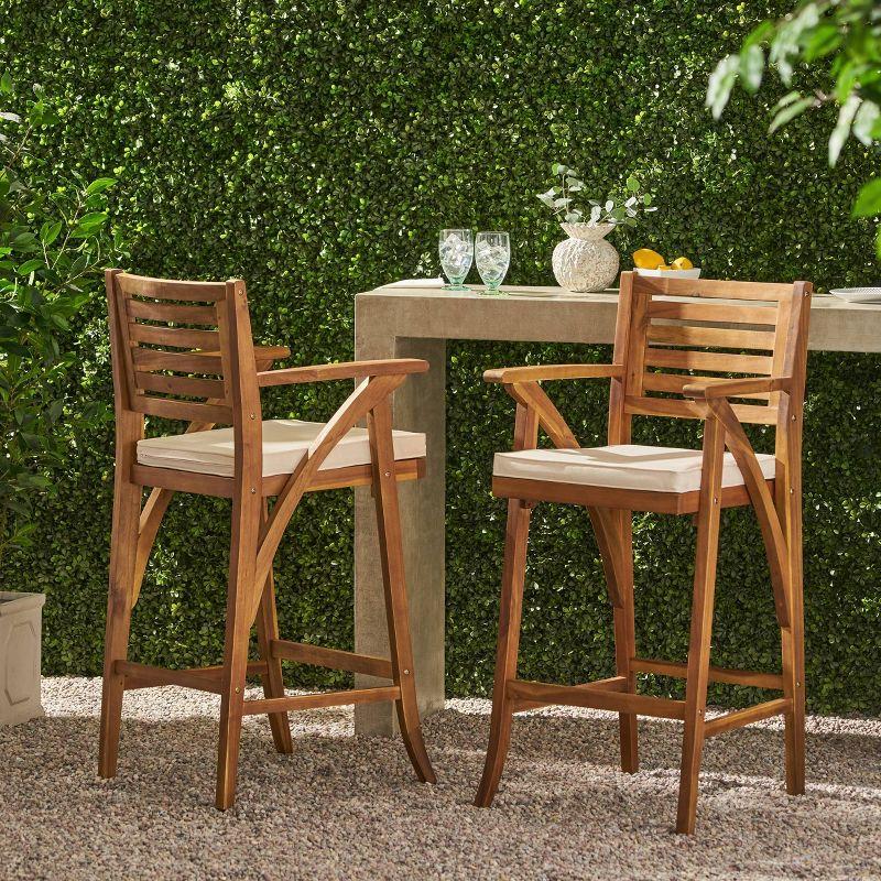 Teak Finish Acacia Wood Outdoor Barstools with Cushions, Set of 2