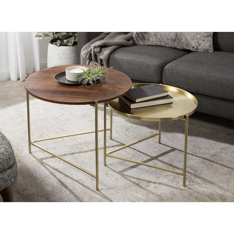 Walnut and Gold Round Mango Wood Metal Nesting Tables