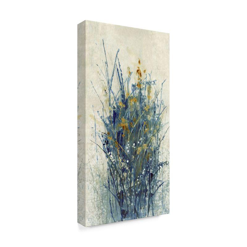 Indigo and Gold Floral Canvas Art with Beige Background, 24x47