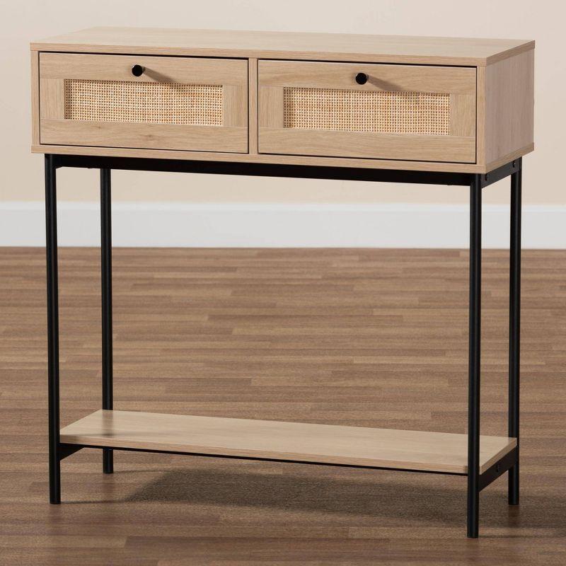 Sherwin 2 Drawer Console Table with Woven Rattan Accent Light Brown/Black - Baxton Studio:Entryway Storage