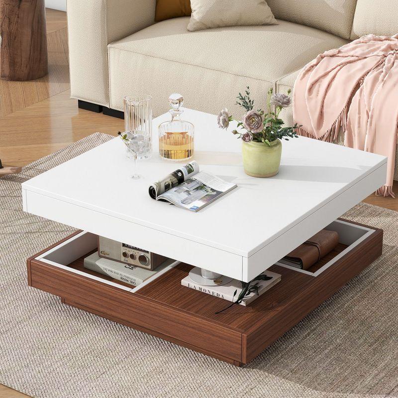 NicBex  Square 360-Degree Rotating Coffee Table with 3 Detachable Tray,2-Tier Center Table with Storage for Living Room,White