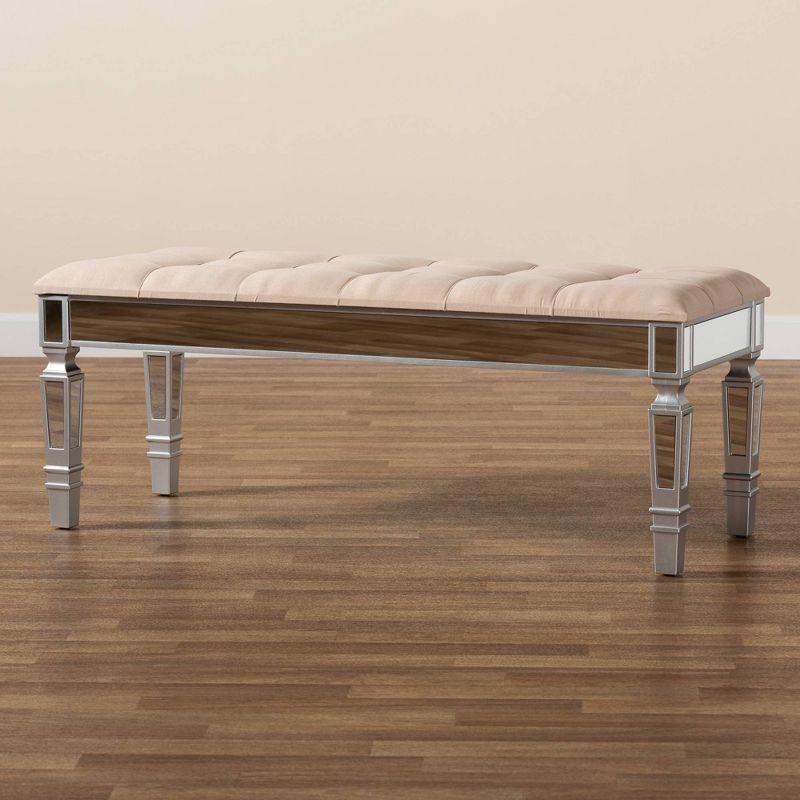 Hedia Silver Finish Mirrored Glass & Beige Velvet Accent Bench