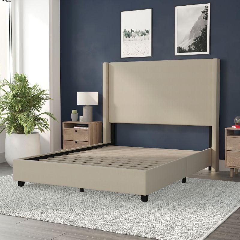 Flash Furniture Quinn Queen Upholstered Platform Bed with Channel Stitched Wingback Headboard, No Box Spring Needed, Beige