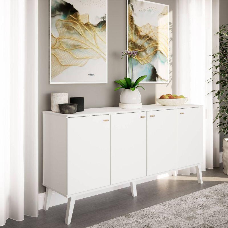 Milo Mid-Century Modern 4 Door Buffet Server White - Prepac: Laminated Storage Cabinet, CARB Certified