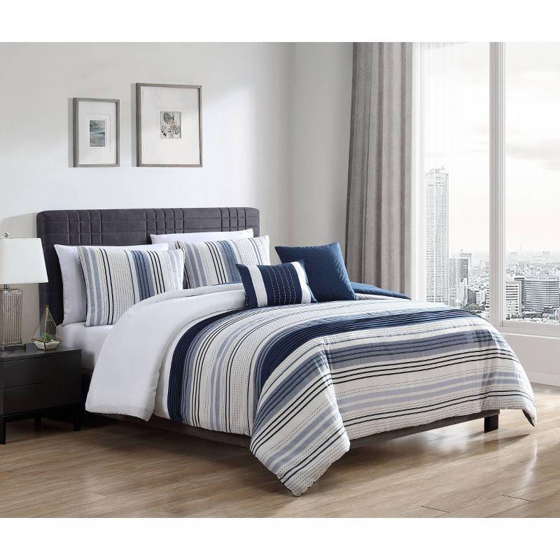 Albion Blue Striped Queen Comforter Set with Pillows