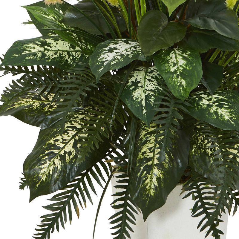 48" x 26" Artificial Mixed River Fern and Dogtail Plant in White Tower Planter - Nearly Natural: Indoor Faux Floor Plant