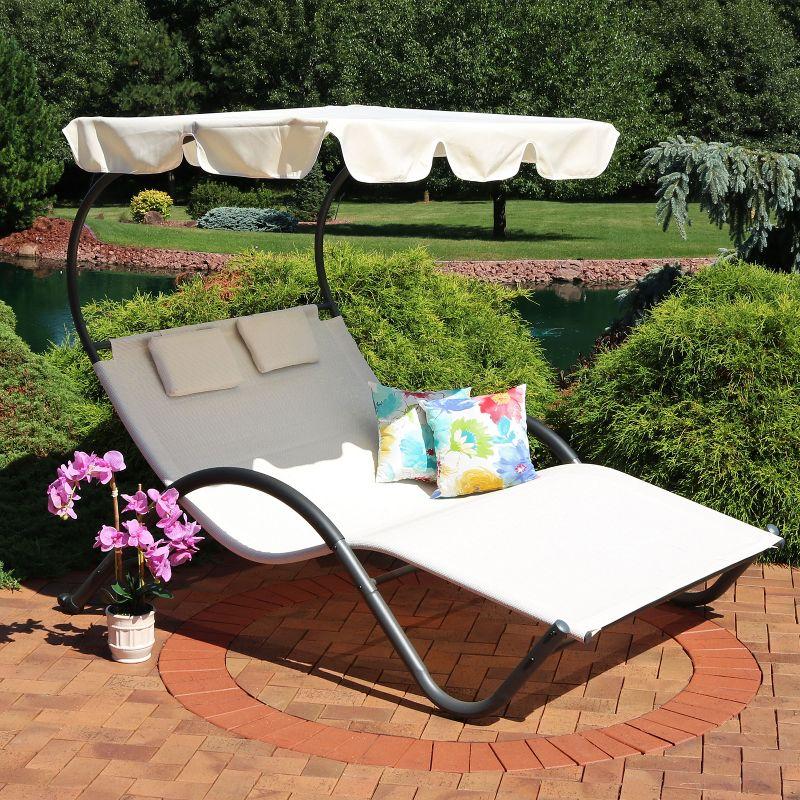 Sunnydaze Outdoor Double Chaise Lounge with Canopy Shade and Headrest Pillows, Beige