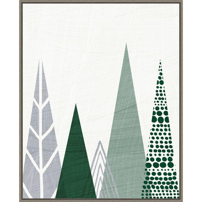 Geometric Evergreen Trees Green and Gray Canvas Framed Wall Art