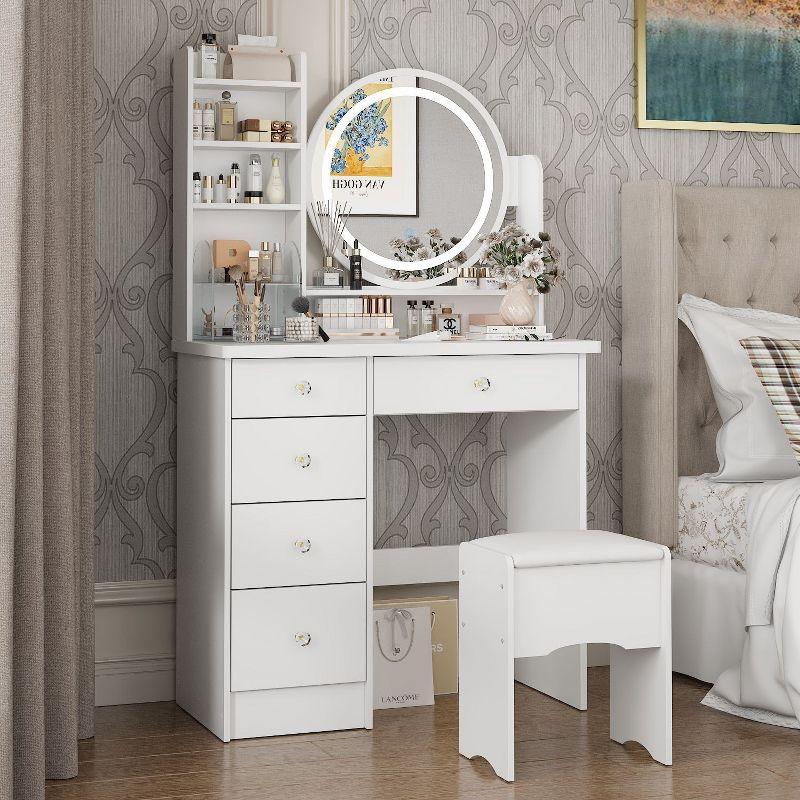 White Wood Makeup Vanity Set with LED Mirror and Stool