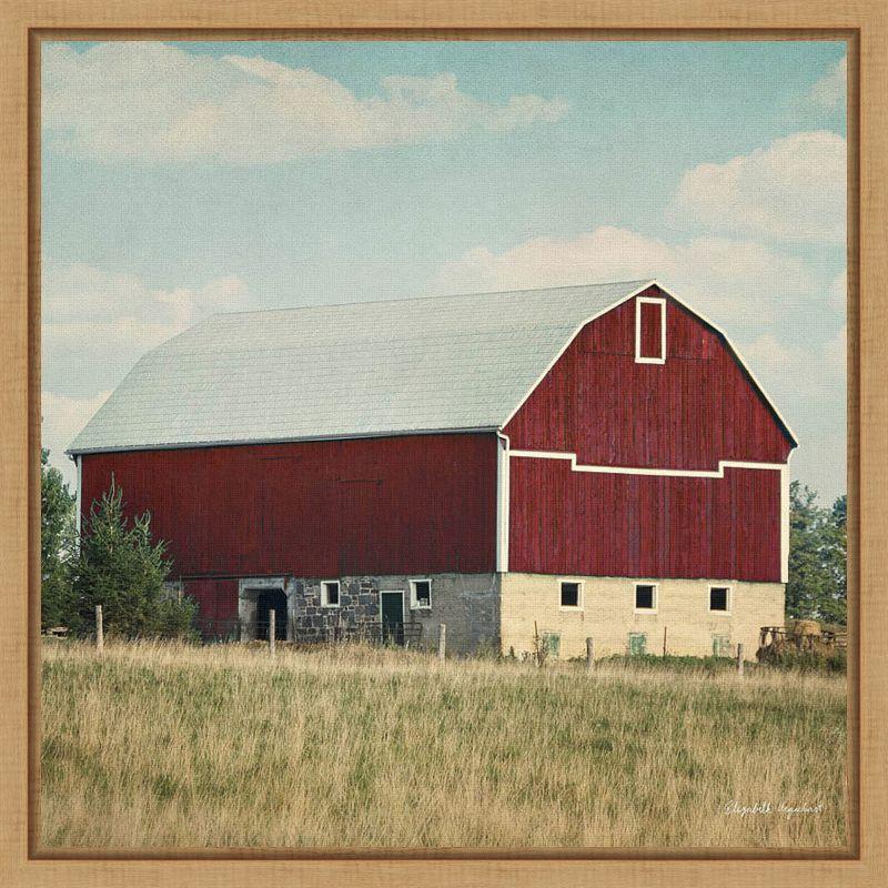 Blissful Country Red Barn Canvas Print with Natural Wood Frame