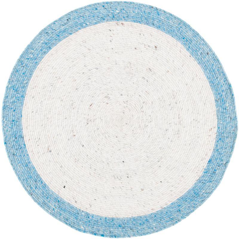 Ivory and Blue Round Braided Wool Area Rug