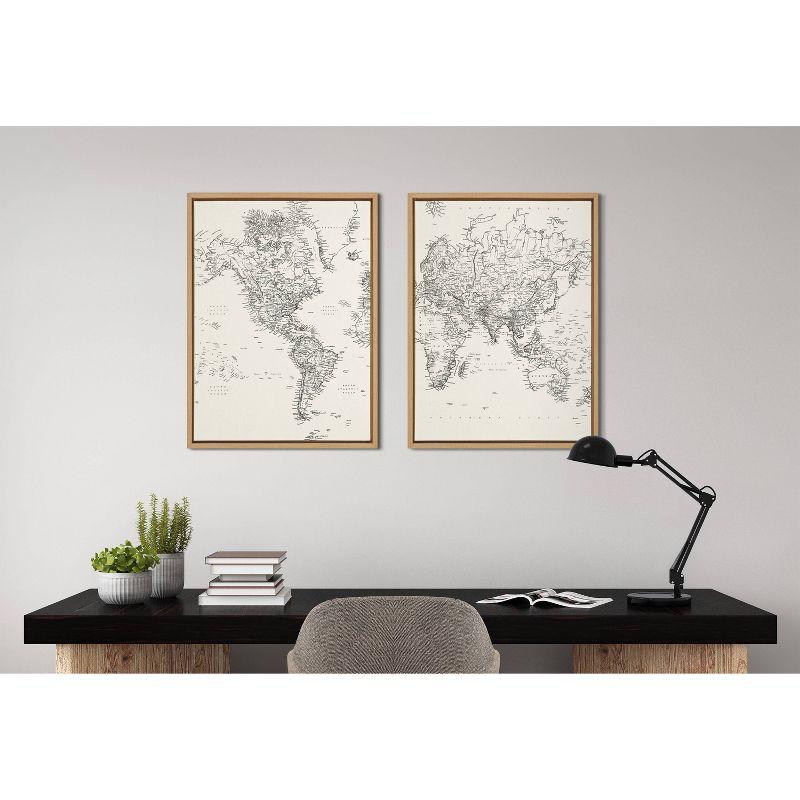 Vintage Black and White World Map Framed Canvas Set