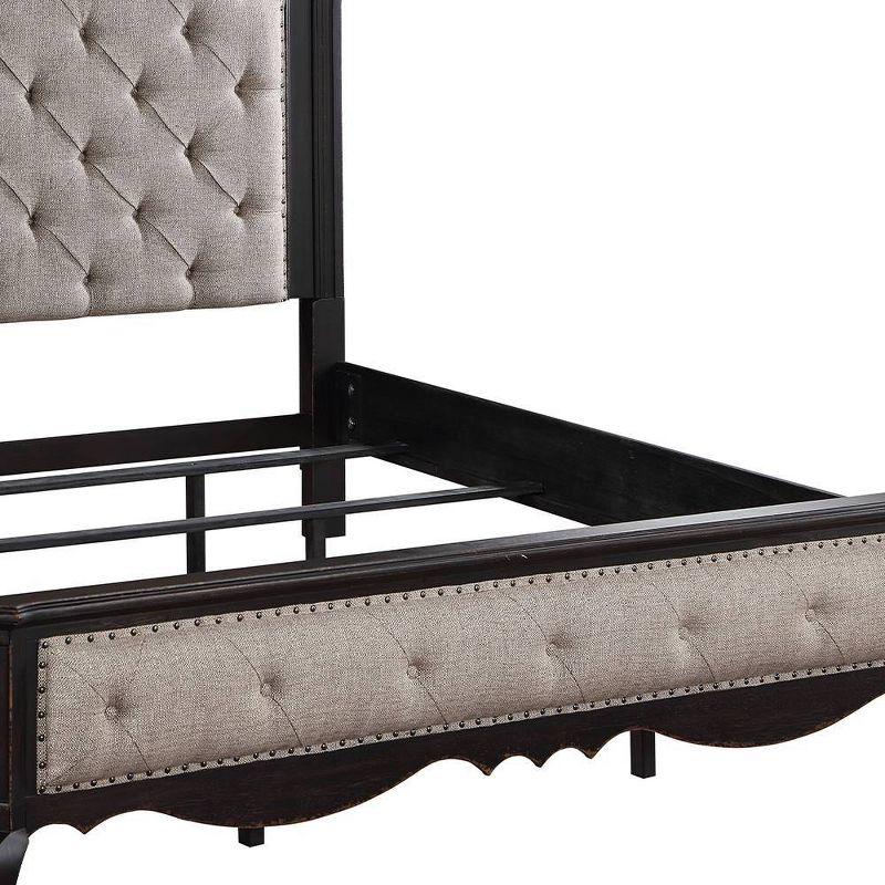 66.5" Queen Bed Chelmsford Bed Beige Fabric Antique Black Finish - Acme Furniture: Linen Upholstery, Wood Frame, Tufted Design