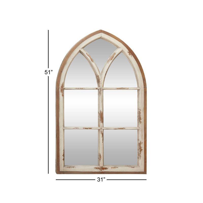 Wood Window Panes Inspired Wall Mirror with Arched Top and Distressing White/Brown - Olivia & May: Cathedral Style, Antiqued Finish