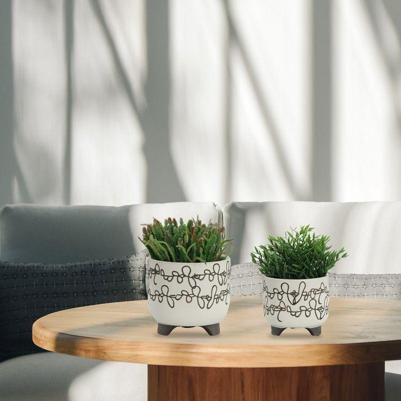 Sagebrook Home Set of Two 6"H/8"H Ivory and Brown Ceramic Abstract Scribble Line Design Footed Planters