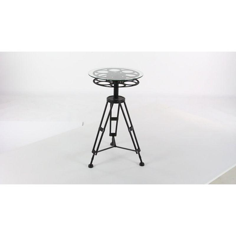 Eclectic Black Metal Film Reel Round Accent Table with Glass Top