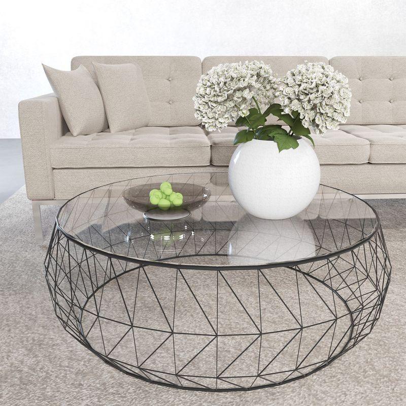 LeisureMod Malibu Modern Round Glass Top Coffee Table With Metal Base