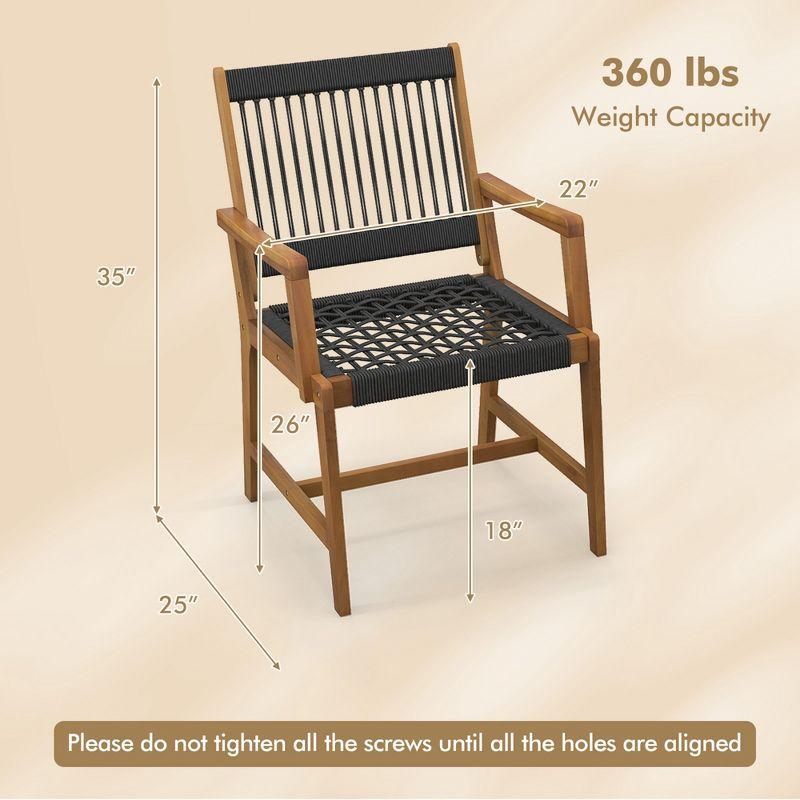 Costway Patio 2pcs Acacia Wood Dining Chairs All-Weather Rope Woven Armchairs Outdoor