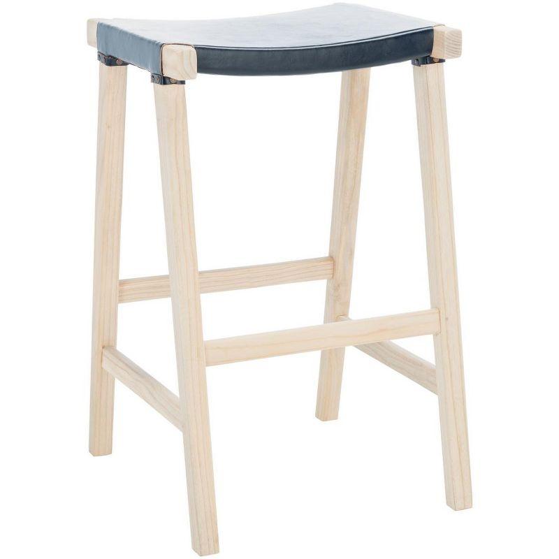 Aariz 30" Black Leather and Natural Wood Saddle Barstool