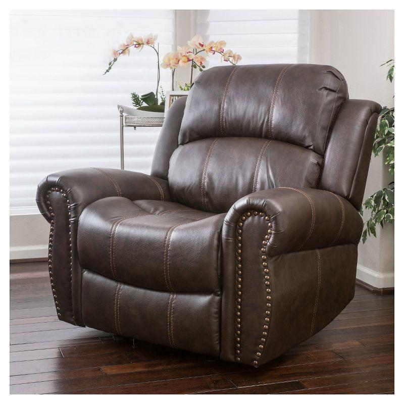 Charlie Bonded Leather Glider Recliner Club Chair - Christopher Knight Home: Studded, Wide Seat