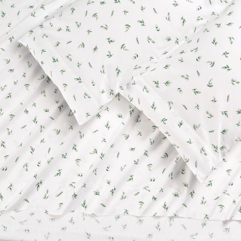 Elegant Cotton 100% Organic Cotton Printed Sheet Set - 4-Piece Set - Green Leaves, King Size