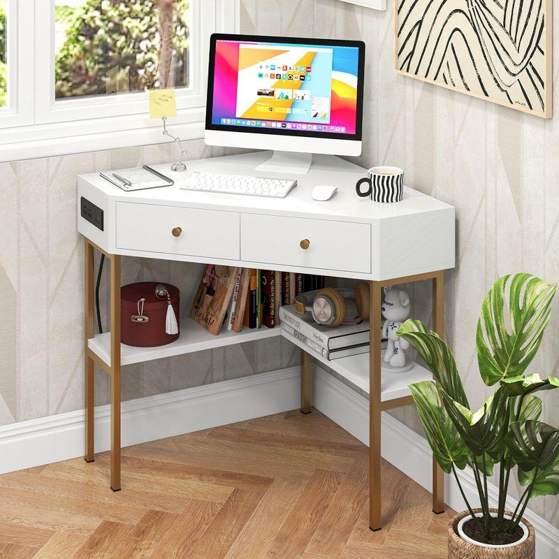 Costway Corner Desk with Built-in Charging Station Storage Drawers & Open Shelves Office White