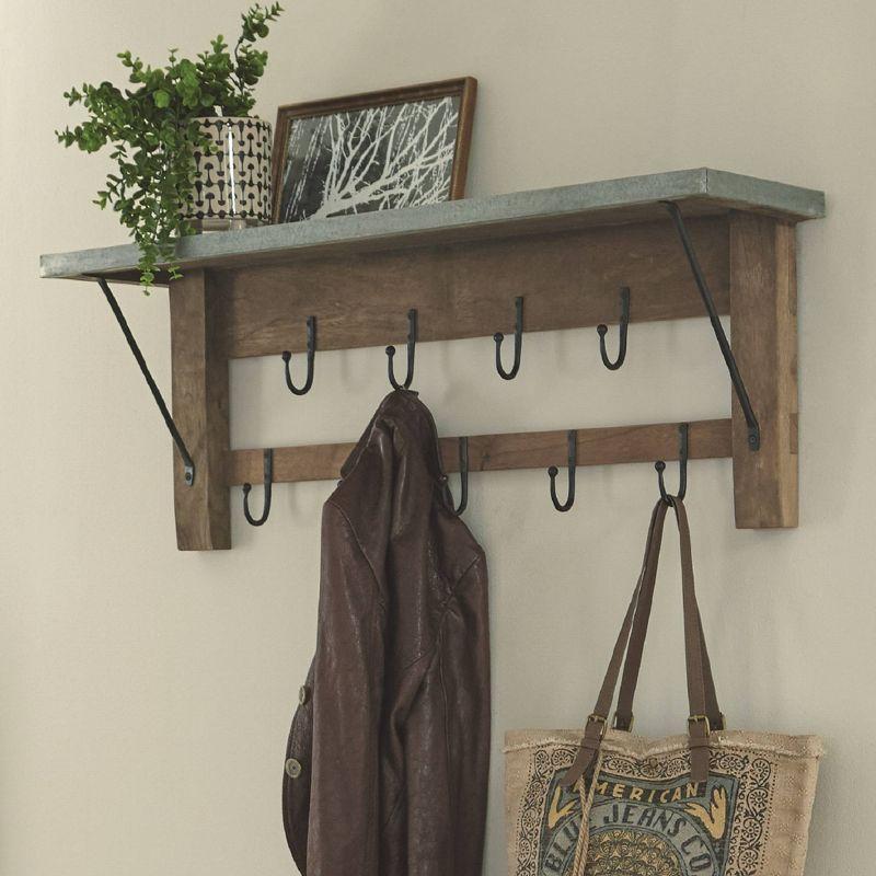 Millwork Double Row Hook Shelf Wood and Zinc Metal Silver/Light Amber - Alaterre Furniture: Mango Wood, 9-Hook Storage Rack