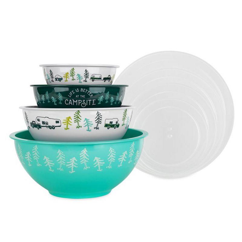 Camco Life is Better at The Campsite Nesting Bowl Set, Includes (4) Durable Melamine Bowls with (4) Plastic Lids Suitable for On-The-Go Lifestyles