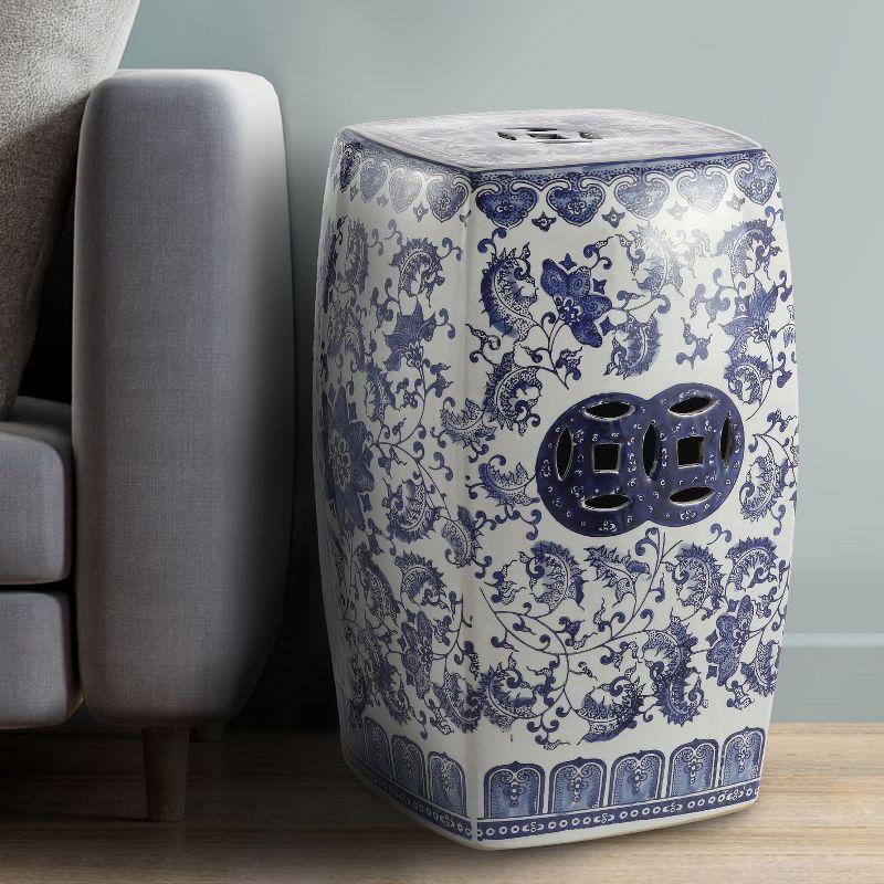 JONATHAN Y Floral Vine 18.5" Chinoiserie Ceramice Square Garden Stool, Blue/White