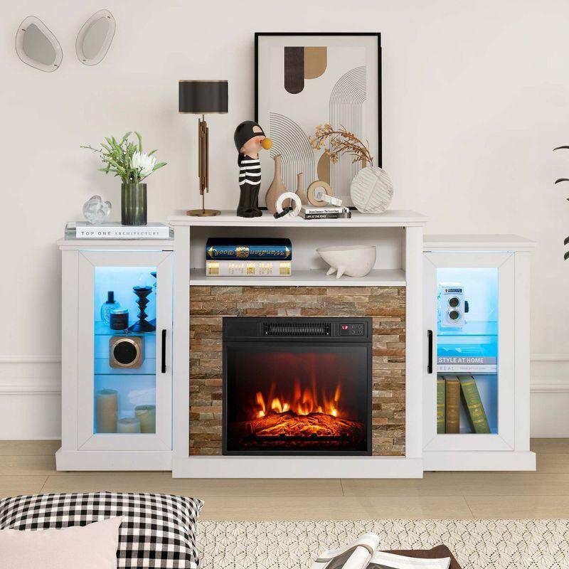 Costway Fireplace TV Stand with Led Lights & 18'' Electric Fireplace For 65" Wall-Mounted TV Dark Brown/Black/White