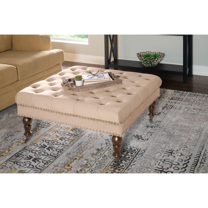 Elegant Tan Linen Tufted Cocktail Ottoman with Dark Walnut Legs