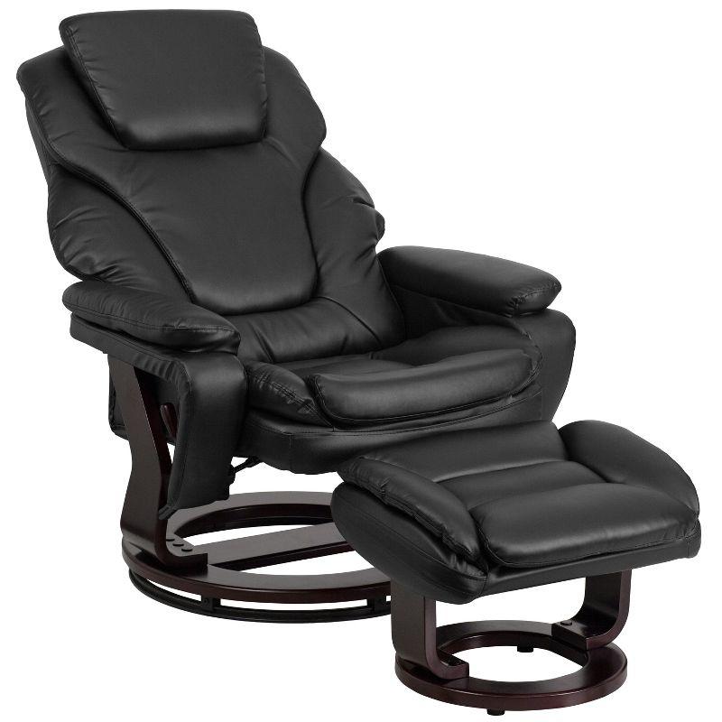 Black Leather Swivel Recliner with Ottoman and Wood Base