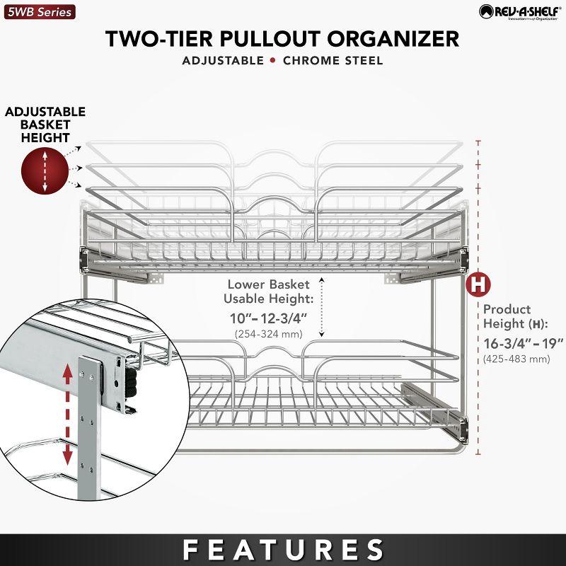 Rev-A-Shelf 5WB2 2-Tier Wire Basket Pull Out Shelf Storage for Kitchen Base Cabinet Organization, Chrome