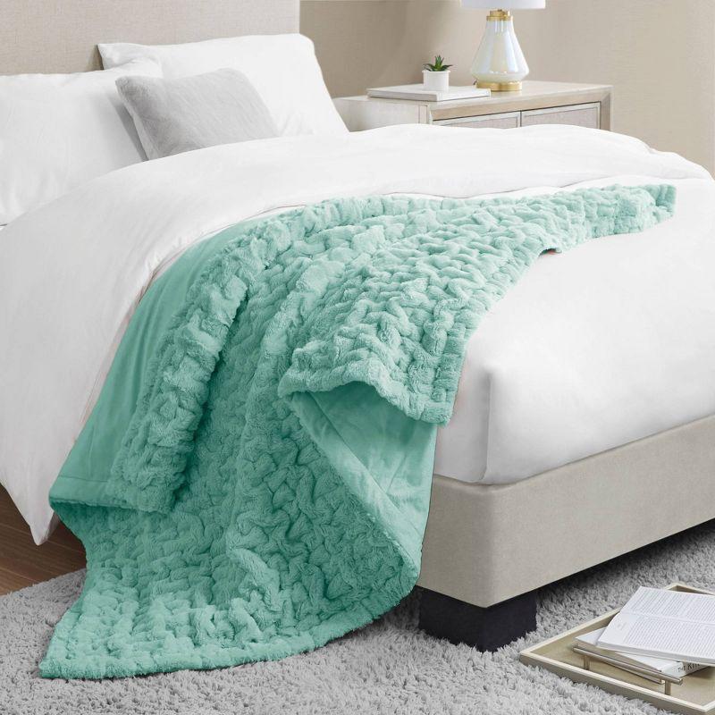 Madison Park Aqua Ruched Fur Throw 50x60"
