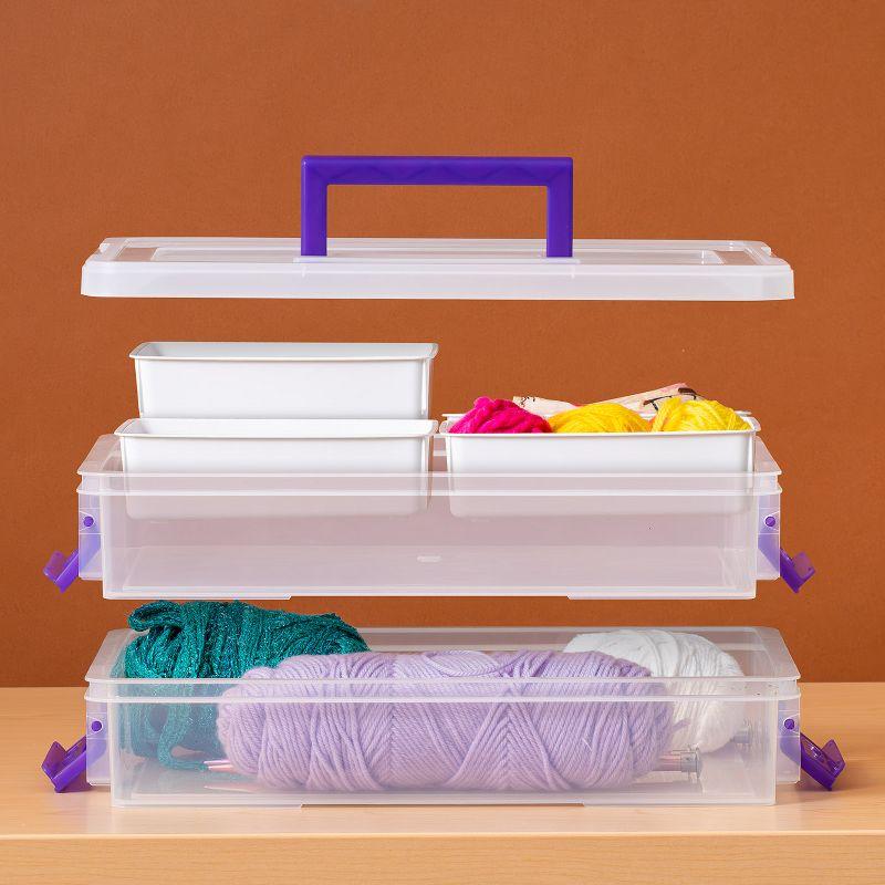 IRIS USA 9.4 Qt 2 Layer Stack and Carry Storage Containers with Bulked-Up Lid and 4 Removable Dividers, Clear/Violet