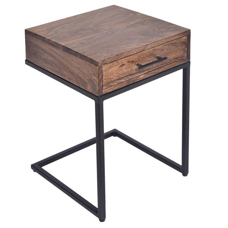 Brown Mango Wood Side Table with Black Iron Base and Drawer