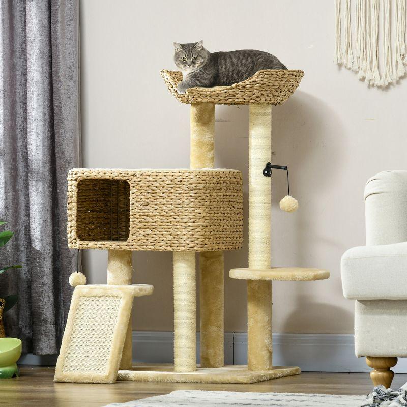 PawHut Scratching Posts, 45" Cat Tree for Indoor Cats with a Ramp, Condo, Toy Balls, Platforms, Bed Cat Tower, Beige