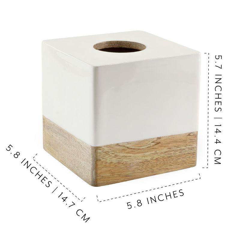 Square White Enamel and Mango Wood Tissue Box Cover