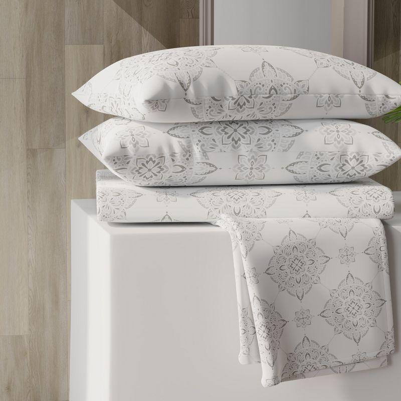Color Sense Percale Weave Cool & Crisp Cotton Rich Sheet Set, Twin Extra Long, Damask Grey, 4 piece
