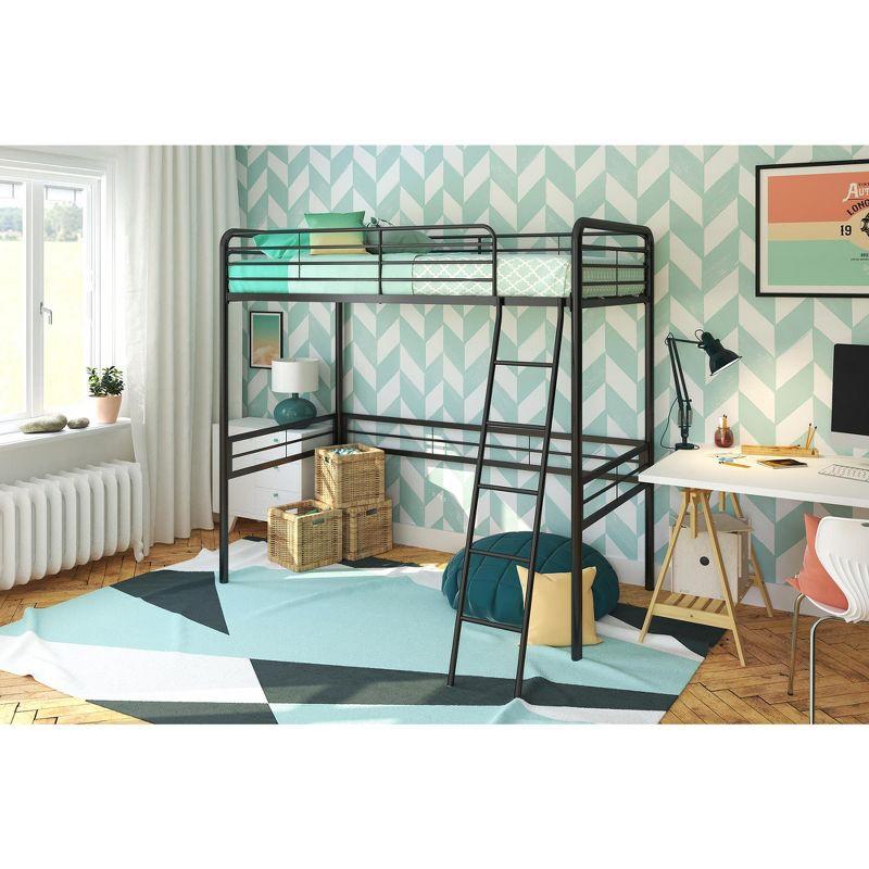 Black Twin Metal Loft Bed with Guard Rails and Ladder