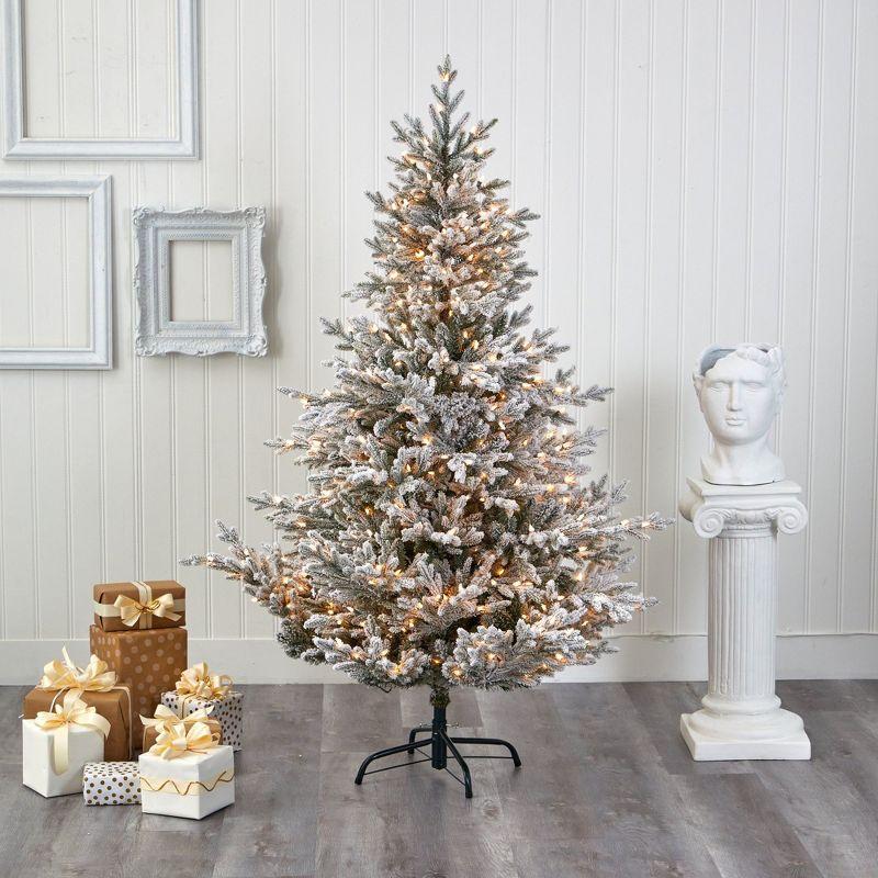 Nearly Natural 6-ft Flocked Fraser Fir Artificial Christmas Tree with 500 Warm White Lights and 236 Bendable Branches